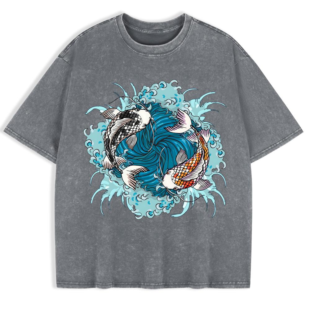 Japanese Koi Harajuku Printed Washed T-Shirts Mens Cotton Short Sleeve Tops Summer O-Neck Oversized T Shirts Clothes