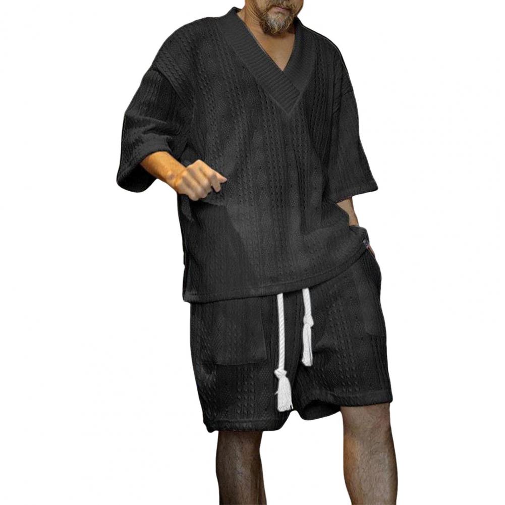 2 szt./zestaw Męski letni strój T-shirt z dekoltem V i krótkim rękawem Elastyczny pas ze sznurkiem Kieszenie Szerokie spodnie Szorty Zestaw Jednolity kolor Dzianina