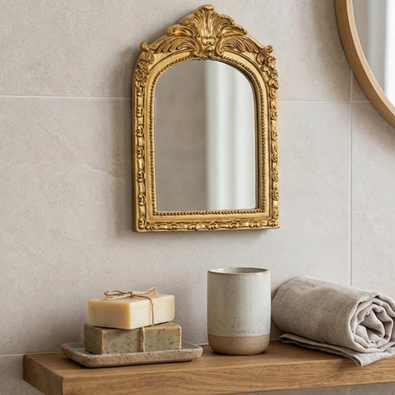 Zierer Wandspiegel in Bogenform mit detailliertem Blumenmuster Harz für Wohnzimmer, Schlafzimmer Kommode