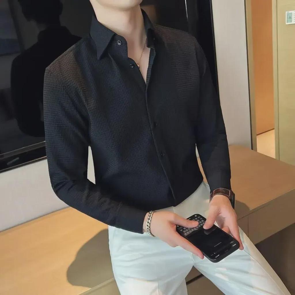 "Men's Long Sleeve High-End Waffle Shirt - French Business Fashion for Spring & Autumn"