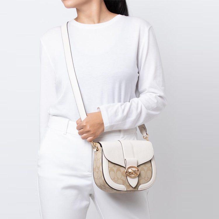 Coach Georgie PVC With Leather Saddle Bag, Shoulder Bag, Crossbody Bag Small Women's Beige & Light Khaki C2806-IMDQC