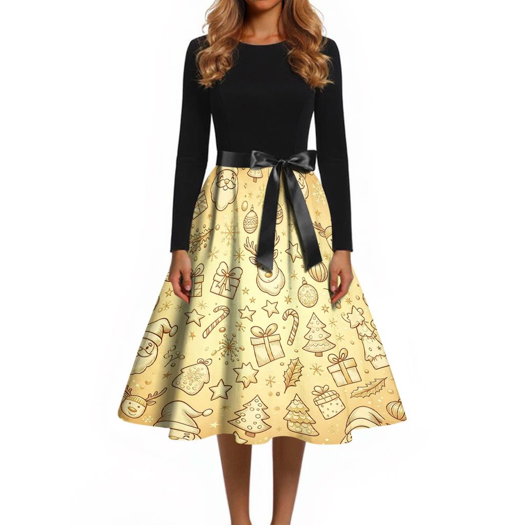 Women's Casual Vintage V-Neck Dress with Christmas Snowflake and Tree Print