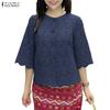 ZANZEA Women Casual Round Neck 3/4 Sleeve Lace Crochet Patchwork Loose Blouse