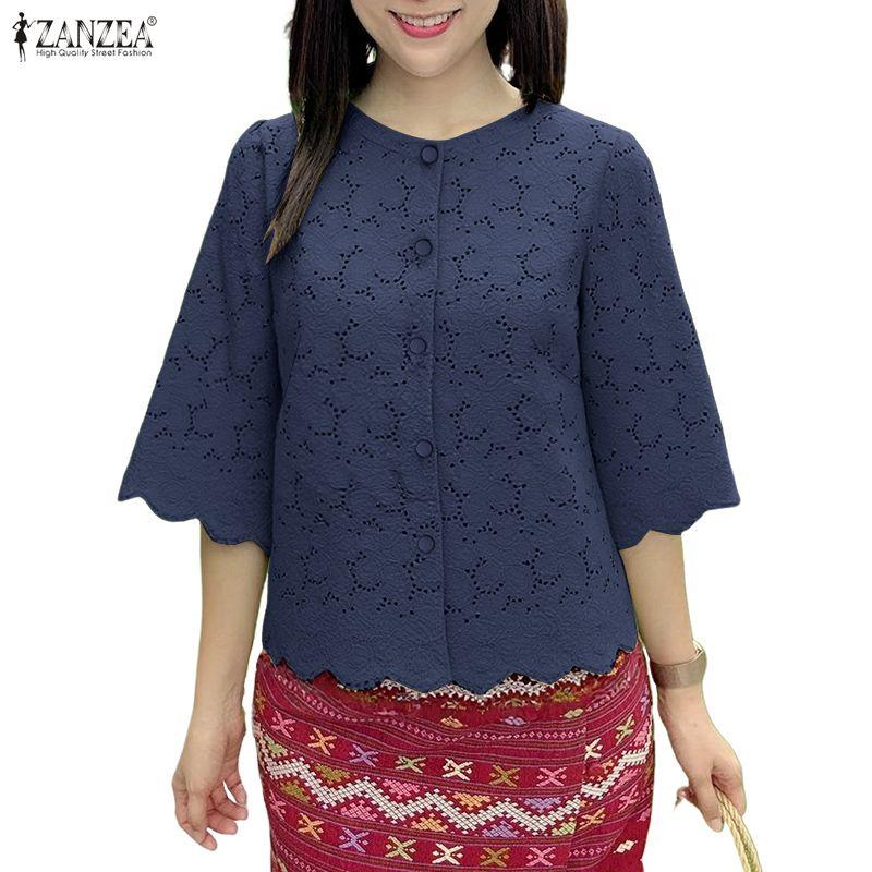 ZANZEA Women Casual Round Neck 3/4 Sleeve Lace Crochet Patchwork Loose Blouse