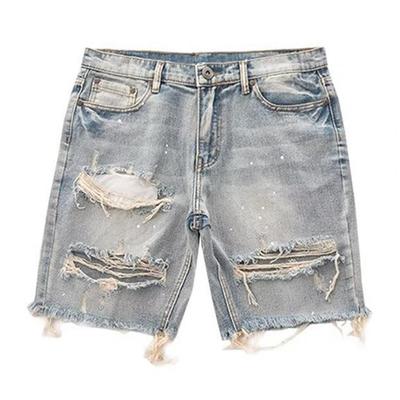 Men Summer Distressed Denim Shorts Button Zipper Fly Multi Pockets Short Jeans Straight Fit Ripped Holes Knee Length Distressed