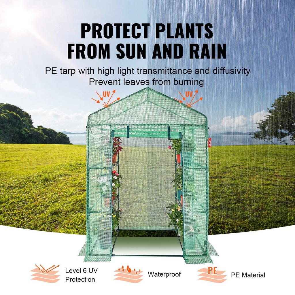 Walk-in Green House, 4.6 X 2.4 X 6.7 Ft Greenhouse with Shelves, Set Up In Minutes, High Strength PE Cover with Doors & Windows and Steel Frame,