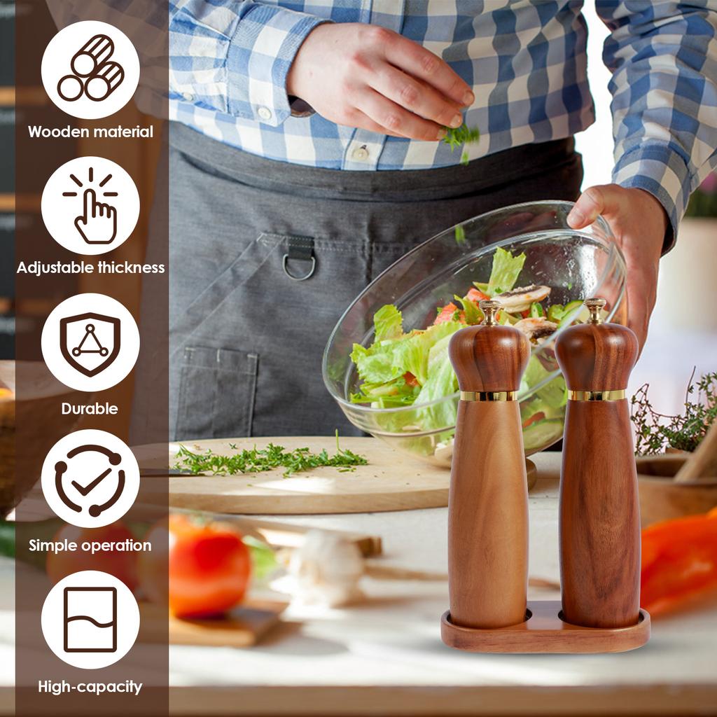 Wood Salt and Pepper Grinder Set with Base Coarseness Adjustable Salt Pepper Mill Grinder Manual Salt and Pepper Shakers with