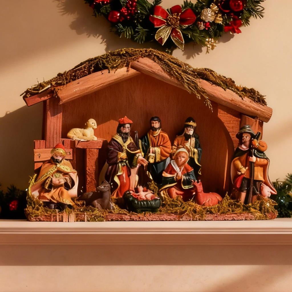 Bożonarodzeniowa Szopka Figurki Świętej Rodziny Ozdoba Świąteczna Drewniana Szopka na Stół Kuchenny Wnętrze Domu