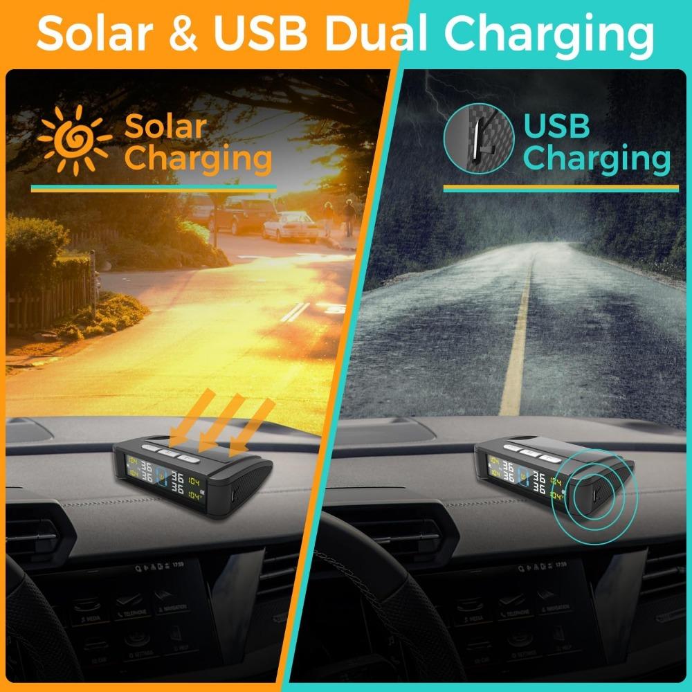 Universal Solar-Powered TPMS with LCD Display - External/Internal Sensors, IPX7 Waterproof, Real-Time Monitoring System