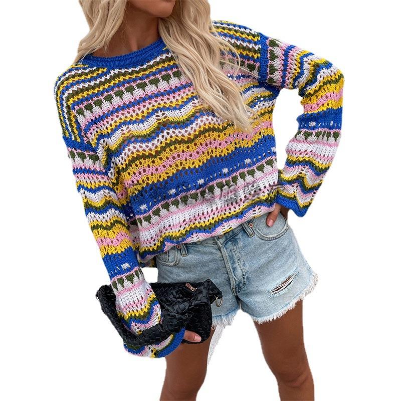 Women Bohemian Round Neck Loose Sweaters Long Sleeve Crochet Knit Pullover Tops Plus Size
