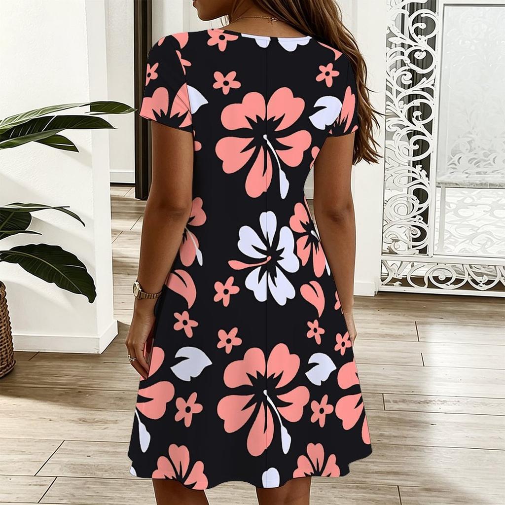 Women V Neck Gentle Camellia Floral Plus Size Summer Short Sleeve Loose Gown