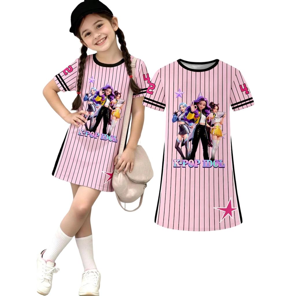 Girls Print Casual Dress Kids Loose Round Neck Short Sleeve Thin Sundress