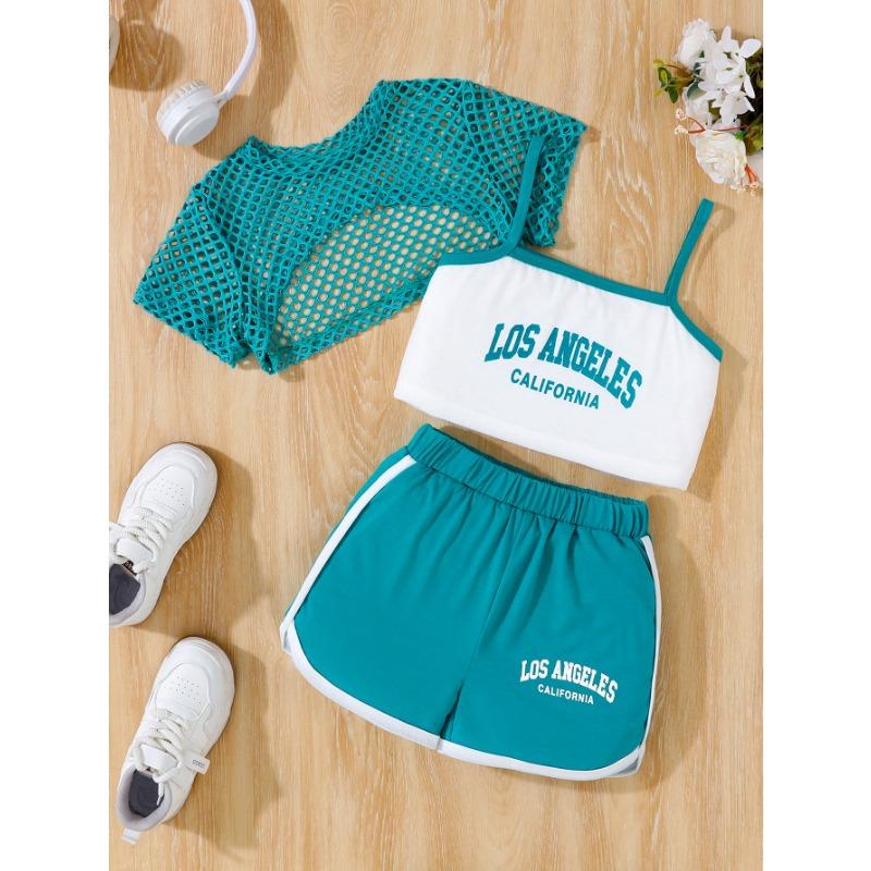 Girls Kids Letter Print Sport Sleeveless Cami Top And Shorts Set