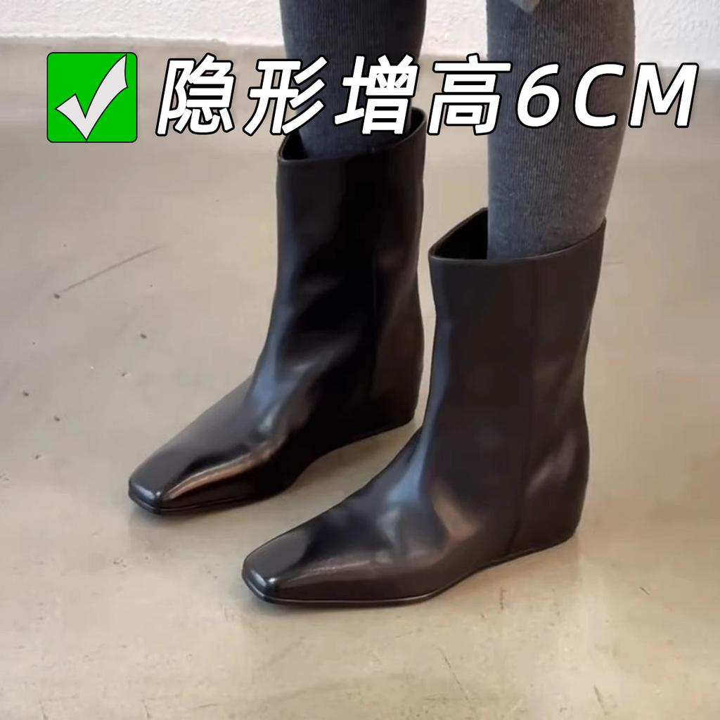 Temperament square head thin fleece wide tube fashion boots inner height increase thin boots medium boots women