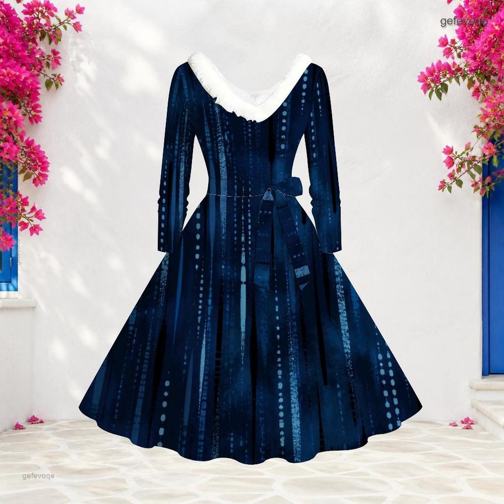 Women Plus Size V Neck Furry Trim Long Sleeve Belted Abstract Print A Line Midi Dress