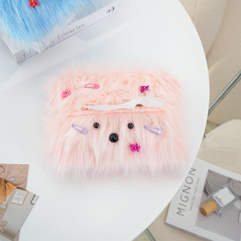 Cute Long Haired Puppy Tissue Box Car Home Kawaii Plush Tissue Boxes Tissue Storage Case Container Desktop Paper Organizer