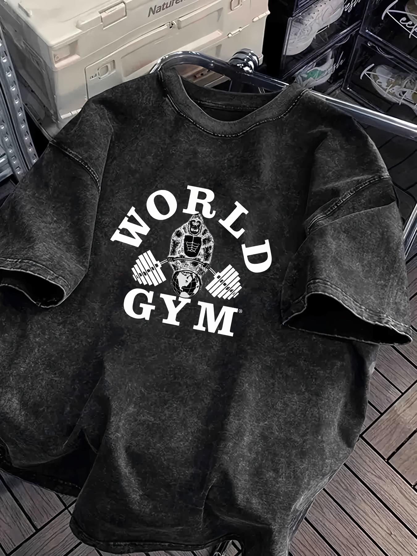 

World Gym Gorilla Lifting Weights TShirt Vintage Acid Wash Fitness Graphic Tees Oversized Tops Harajuku Graphic T Shirts S