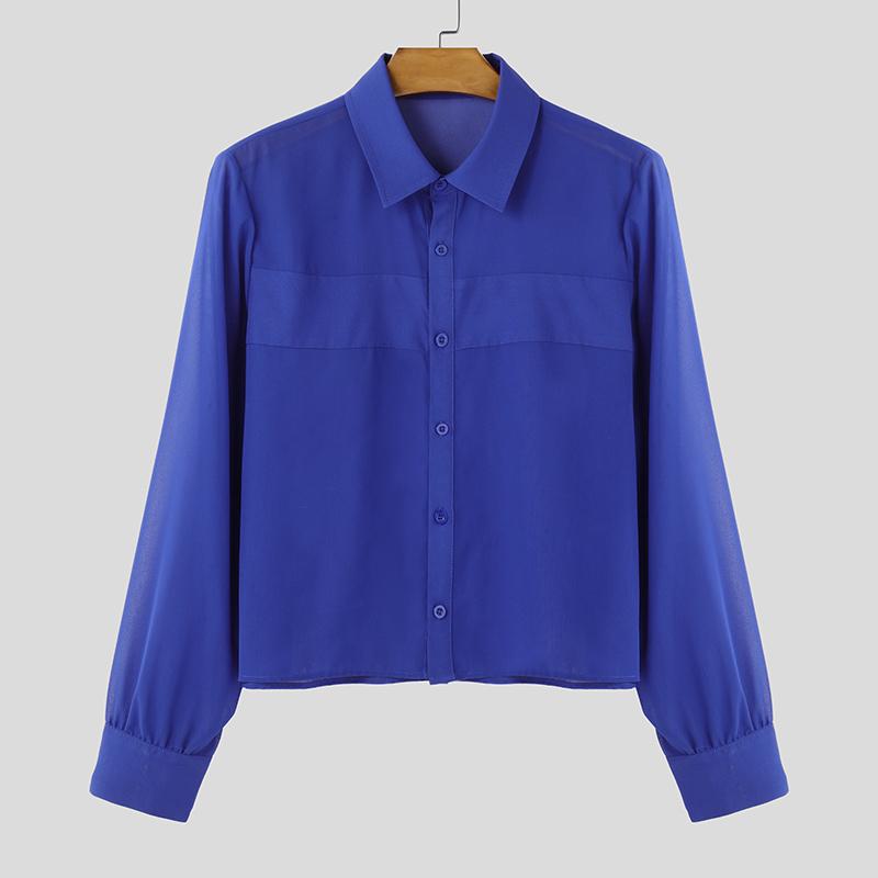 

INCERUN Men Lapel Long Sleeve Buttons Front Mesh Sheer Short Shirts Tops L синий