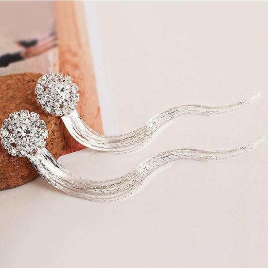 Women Shiny Rhinestone Long Tassel Dangle Stud Earrings Fashion Bride Jewelry