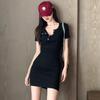 New Summer Slim Fit Short Dress - Hong Kong Style A-Line Skirt, Solid Color, Short Sleeves, Women's Fashion