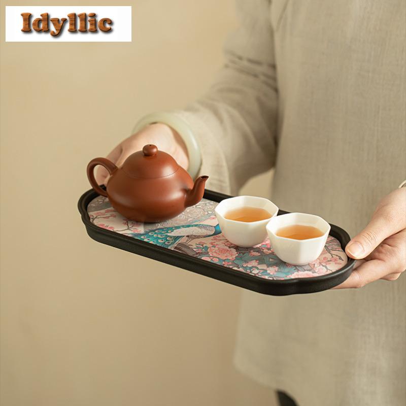 National Style Begonia Peacock Tea Tray Dried Fruit Plate Coffee Storage Board Teapot Stove Insulation Dishes For Serving Craft