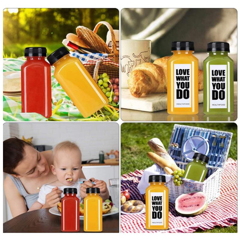 4 szt. 120 ml przezroczyste pojemniki na napoje plastikowe wielokrotnego użytku puste butelki na sok z czarnymi pokrywkami zabezpieczającymi przed manipulacją na sok, mleko, kawę