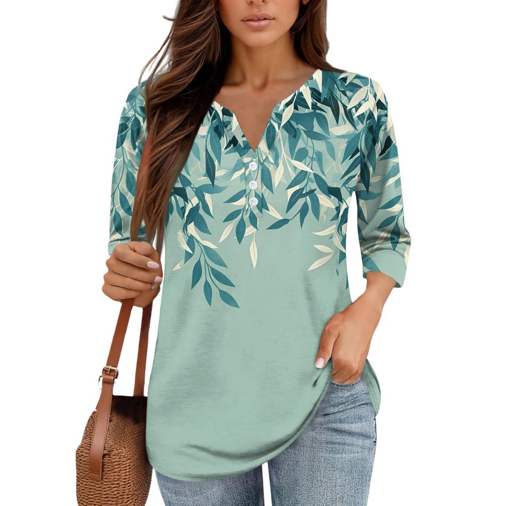 3/4 Length Sleeve Women's Tops Print Vintage Fashion Casual Loose With V Neck Plus Size Shirts Tops