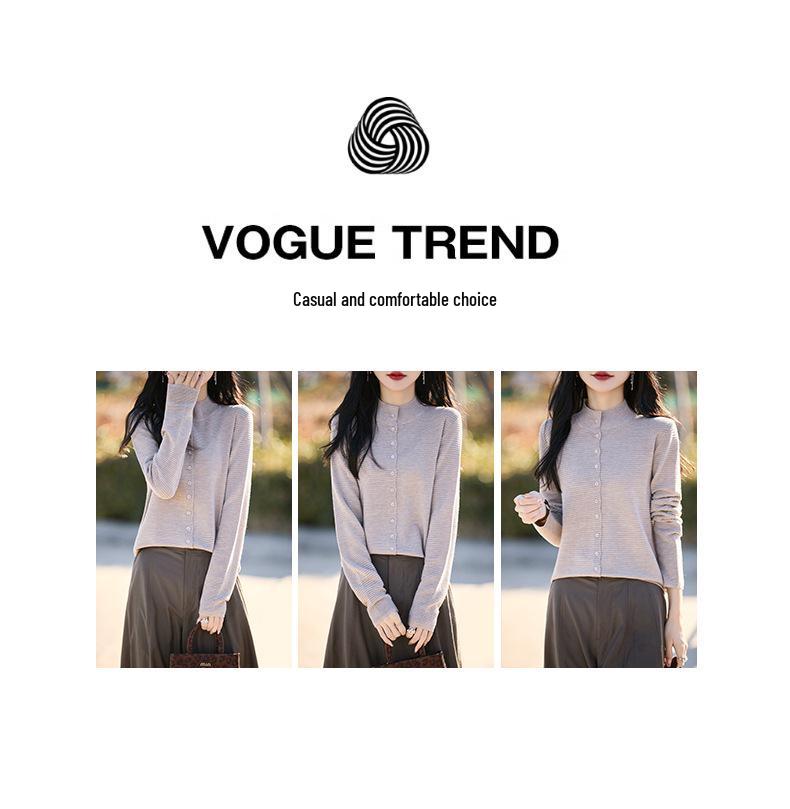 Women's Spring Fine Wool Cardigan - Half-High Collar, Solid Color, Loose, Slimming Sweater Coat