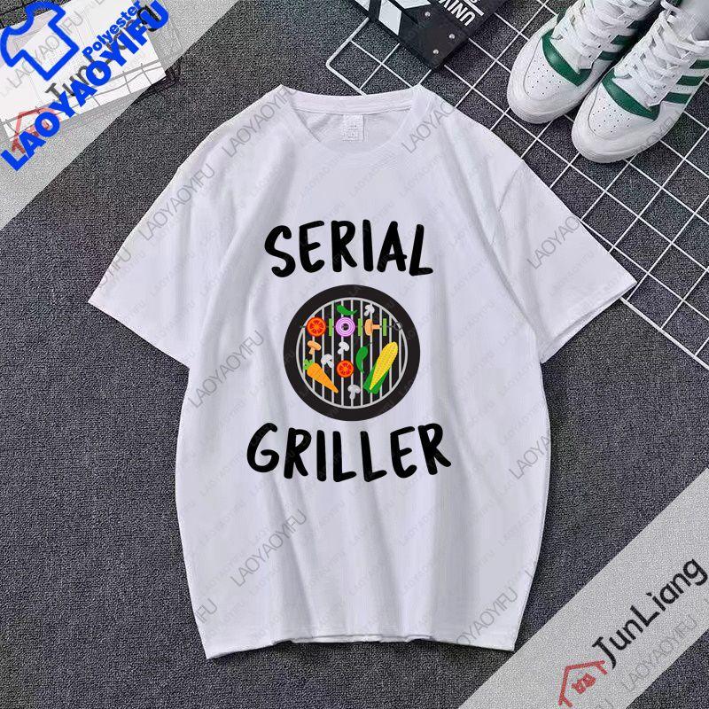 Serial Griller Lustiges BBQ Grafik T-Shirt Retro Grill-Liebhaber Streetwear Tee Grillen für Unisex Damen Sommer Kurzarm-T-Shirt