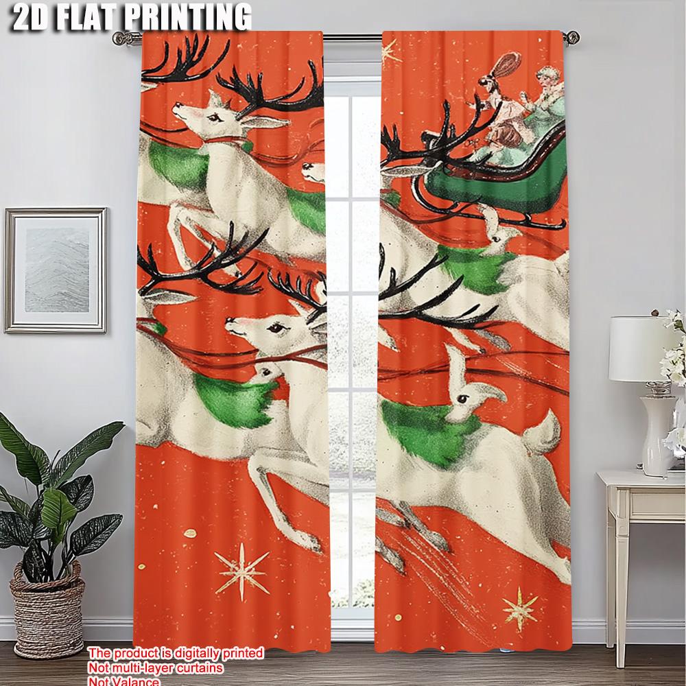 2pcs,2D Plane Printing Pattern Curtains Merry Christmas Santa Claus & Reindeer Durable 100% Polyester Fabric (without Rod) All