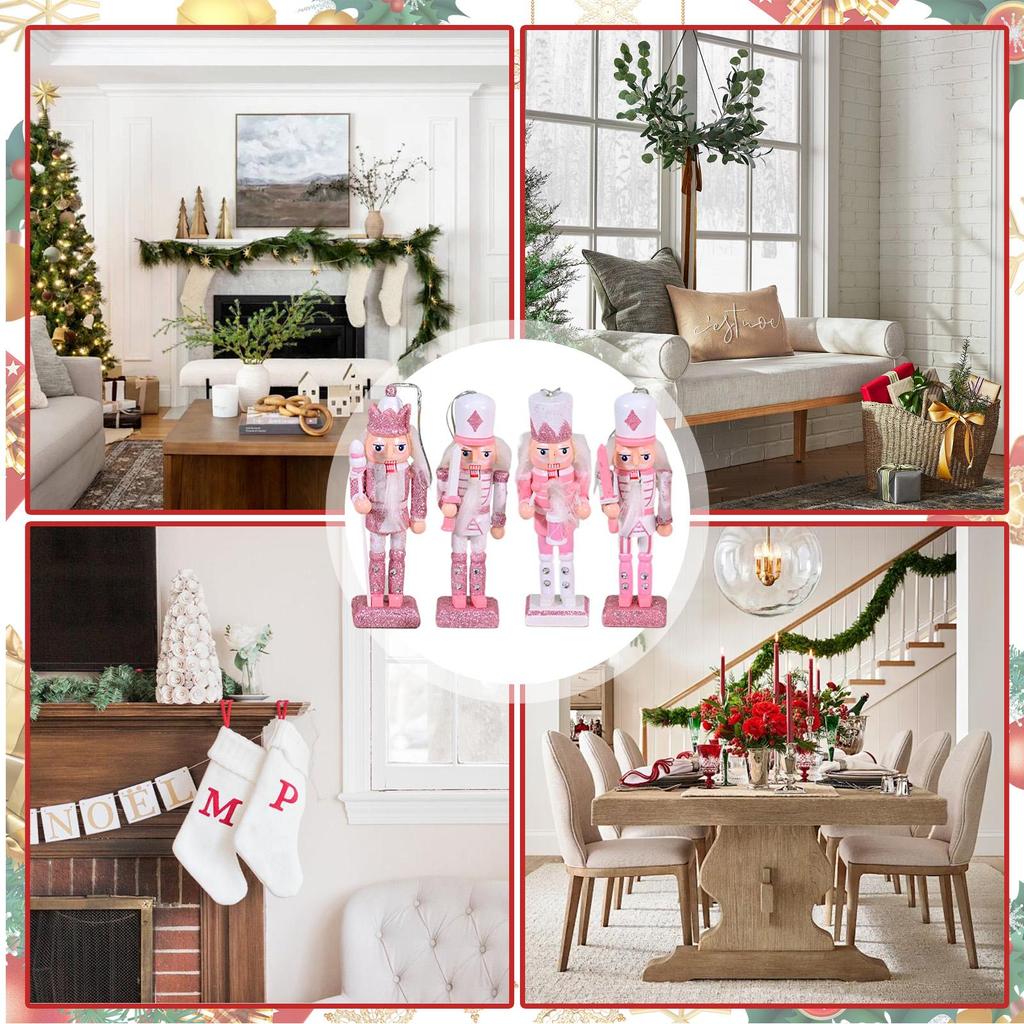 Nutcracker Christmas Decor 2025 New Christmas Pink and White Cute Nutcrackers 4 Pack Christmas Decor Party Gift for Kids Adults