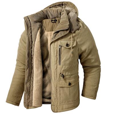 Men's Plus Size Lamb Fleece Hooded Cotton Jacket Thickened Multi-pocket Cotton Jacket Casual Mid-length Jacket