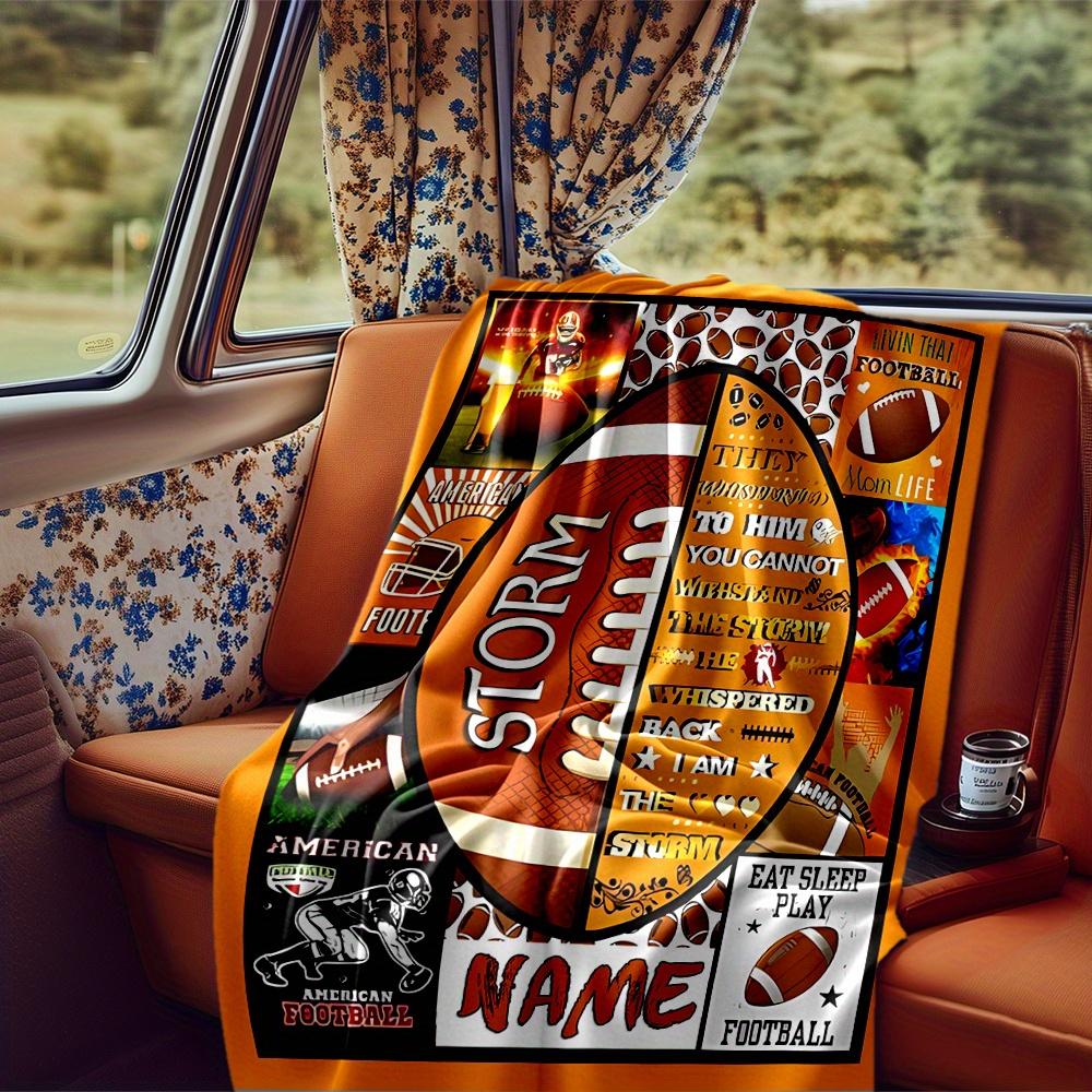 Football Helmet And Ball With Flames Blanket With Customizable Name Four Seasons Comfortable Shawl Blanket Suitable For Home Travel Camping Office