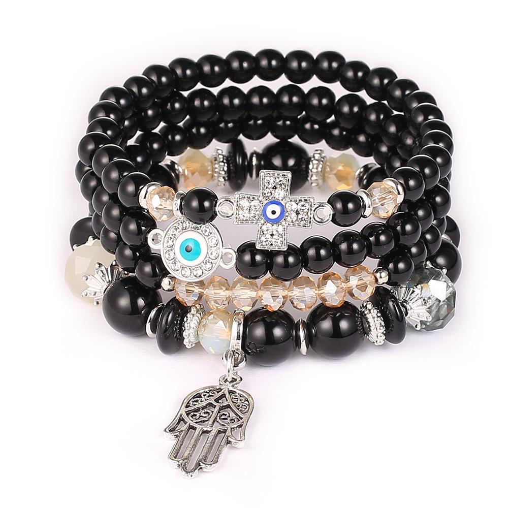 Bohemian Multi-layer Beaded Bracelet with Cross, Evil Eye, Palm Pendants, and Crystals.