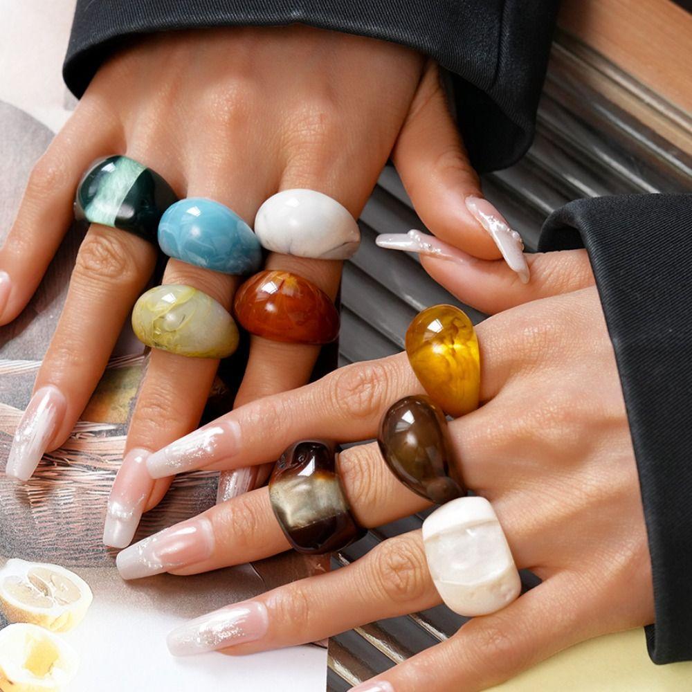 Urok Akrylowy Geometryczny Pierścionek Owalny Szeroki Nieregularny Pierścionek Retro Przezroczysty Pierścionek z Żywicy Dziewczęcy