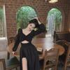 2024 Spring Black V-Neck Long-Sleeve A-Line Dress with Waist and Slit