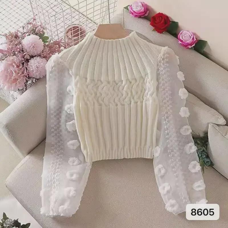 Petite Knit Sweater with Puff Sleeves & Mesh Splicing