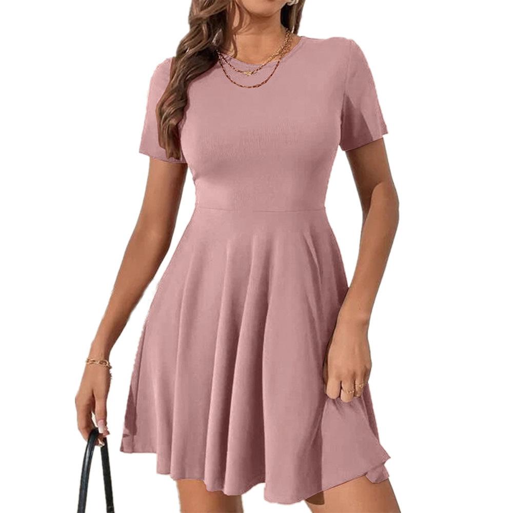 

Короткая юбка однотонная полосатая повседневная мода круглый вырез с короткими рукавами платье женщина 2XL розовый