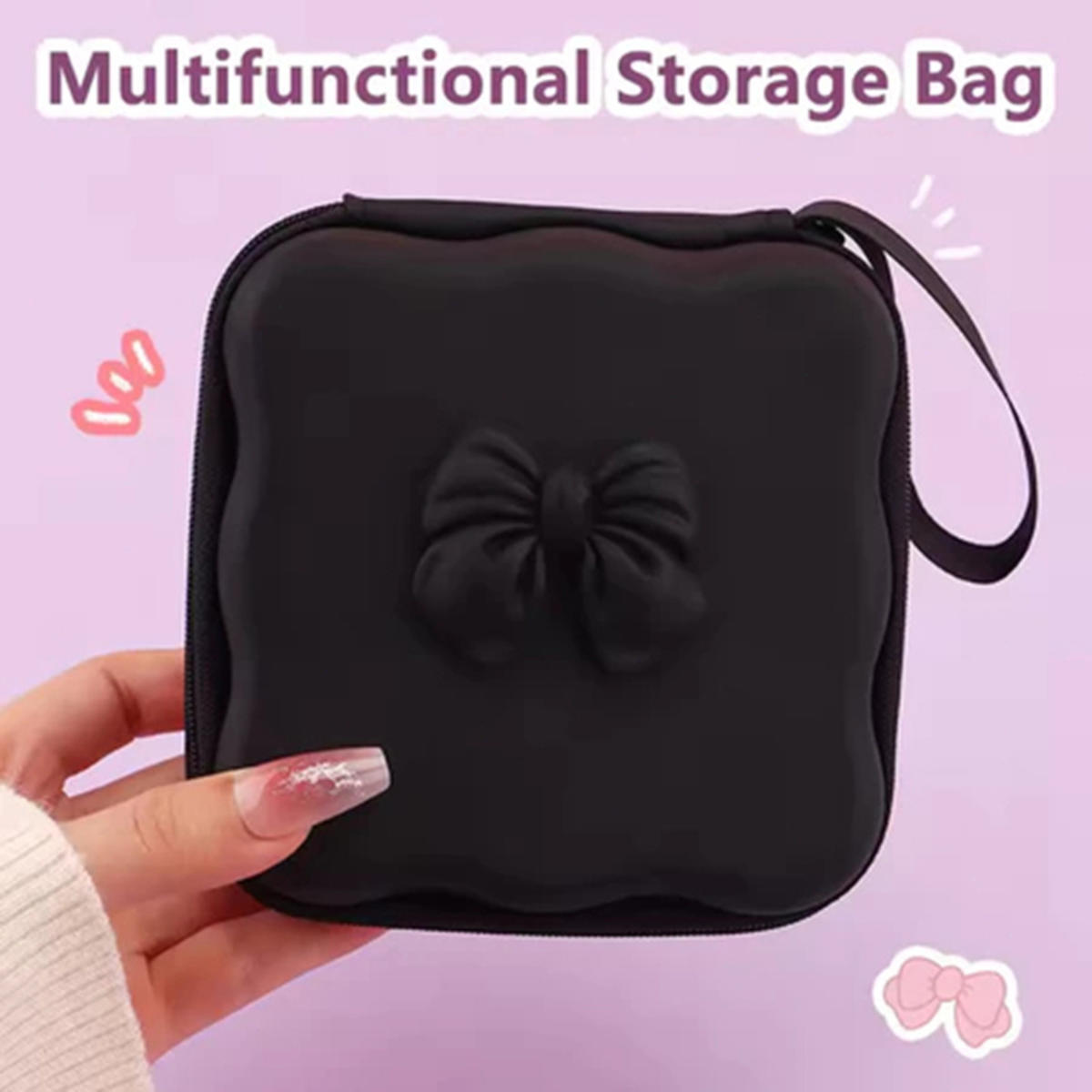 

Sanitary Napkin Cartoon Data Cable Storage Bag Hard Disk Charger Portable USB Stick Cosmetic Organizer Tote Zipper one size чорний