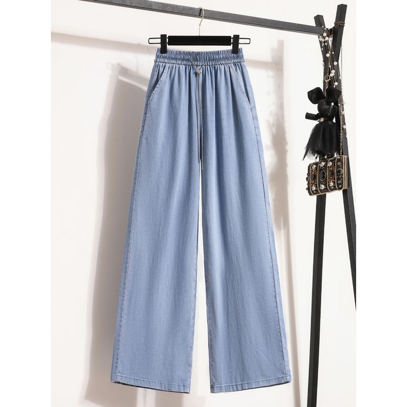 Plus size European and American Elastic High Waist Tencel Thin Narrow Wide Leg Straight Ice Silk Mop Denim Trousers Women M-4XL