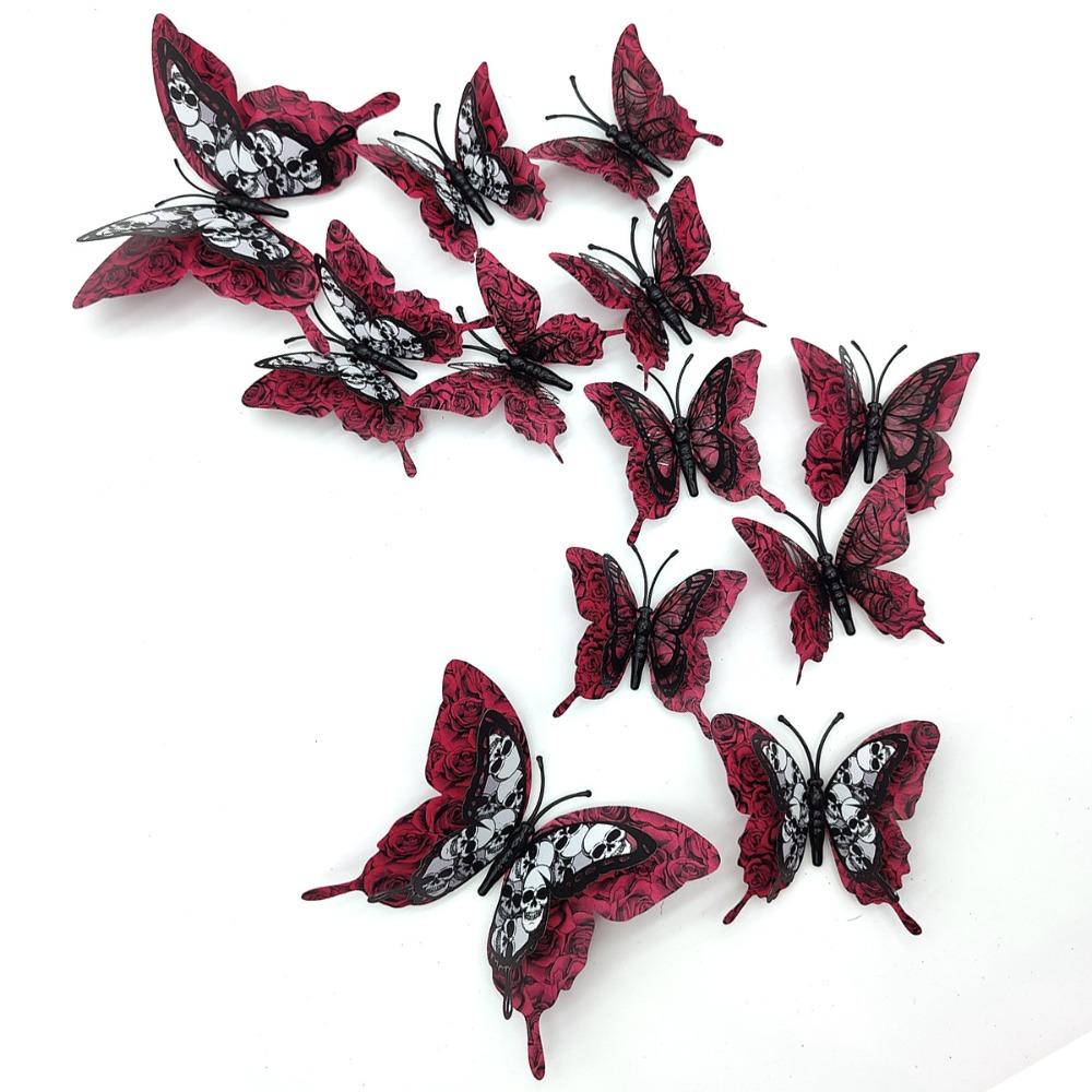 12 Stück/Set Doppellagige Halloween 3D Fledermaus Aufkleber Totenkopf Muster Selbstklebend Schmetterling Wandaufkleber PVC Halloween Fenster Aufkleber