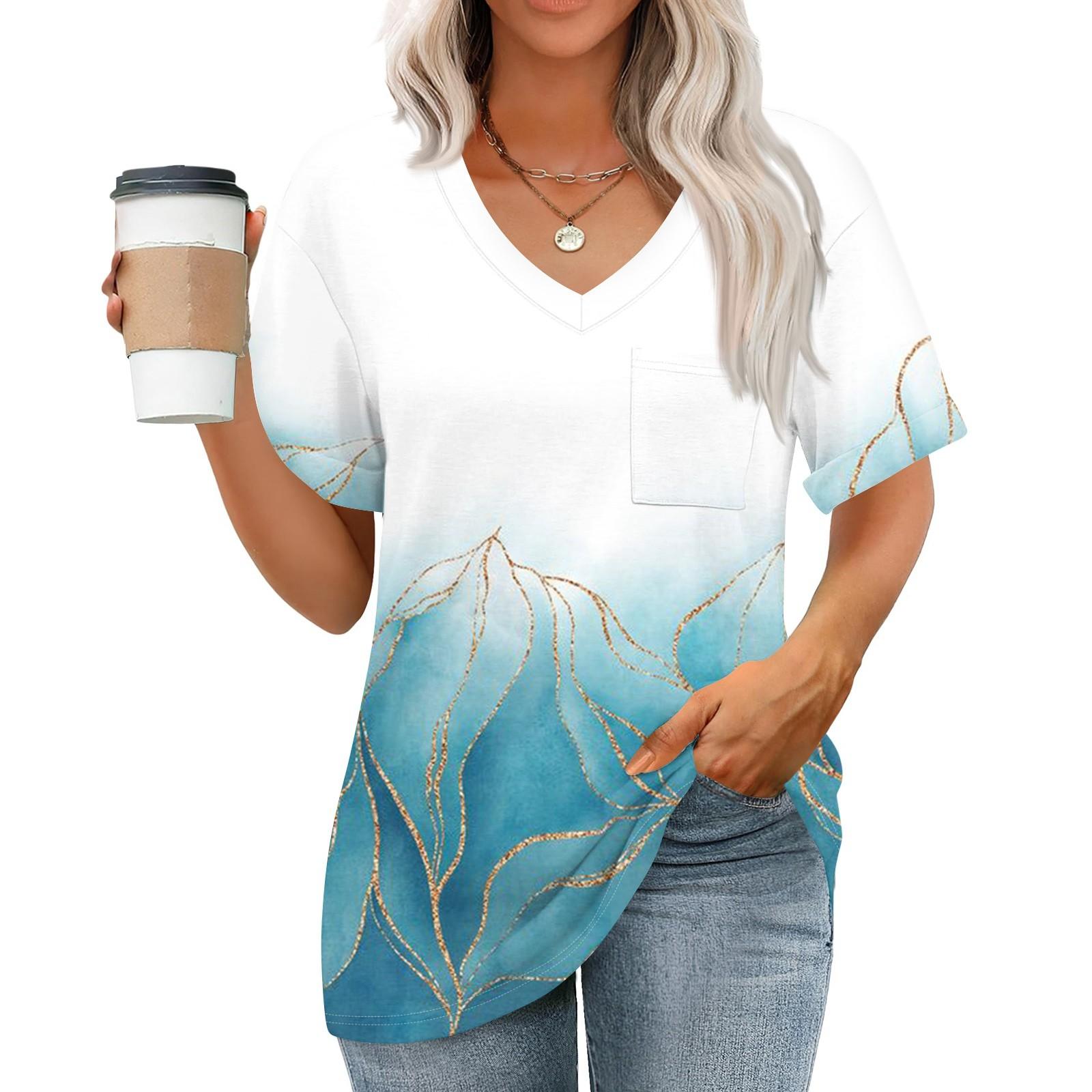 

Женские топы с V-образным вырезом и коротким рукавом Блузки Повседневные модные принты Туники Топы с карманами XL белый