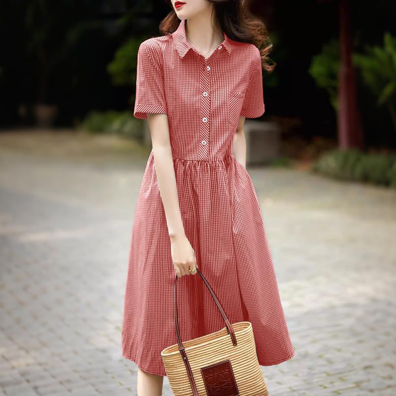 ZANZEA Women Plaid Print Casual Turn Down Collar Short Sleeve Dress