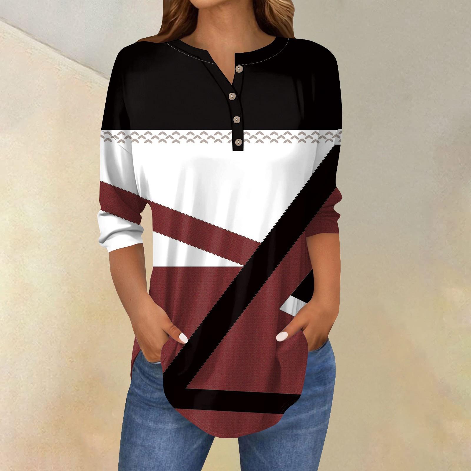 

3/4 Length Sleeve Womens Tops Summer T-Shirts Floral Print V Neck Casual Basic Tee Button Shirts Tunic Tops XL винний