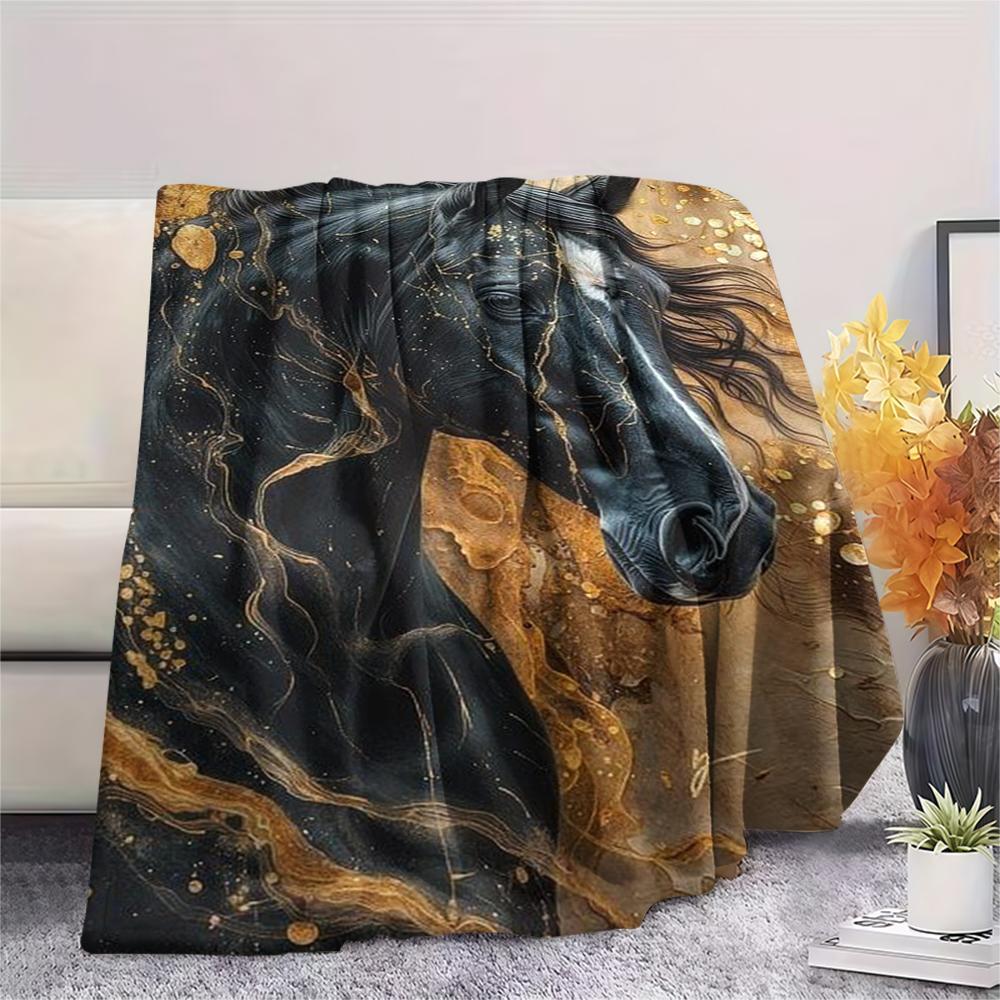 1Pc Black Horse Print Flannel Blanket, High Quality Comfortable for All Seasons, Home Decor, Warmth and Comfort, Perfect for Gifts