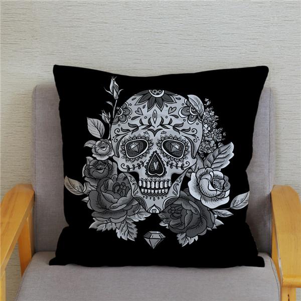 Skeleton Head Flower Print Pattern Cushion Cover for Home Living Room Sofa Decoration Square Pillowcase 45 * 45cm