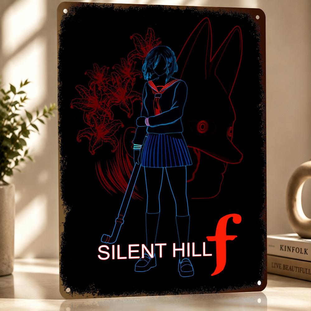 Silent Hill F Neon Illustration D Printed Texture Poster Personalized Wall Art Retro Metal Tin Signs for Gaming Room Decoration