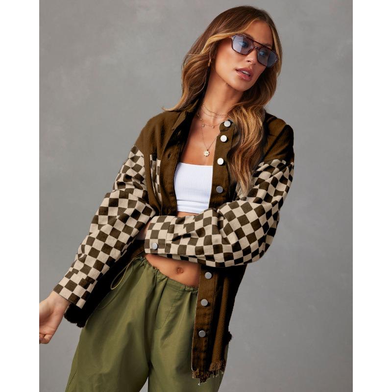 Veste en jean délavé à carreaux et blocs de couleurs décontractée ample pour femme