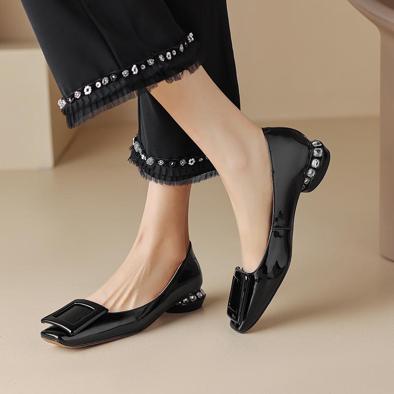 Fashion 2024 Spring Women Pumps Genuine Leather Shoes for Women Square Toe Chunky Heel Women Shoes Shallow Square button Single Shoes