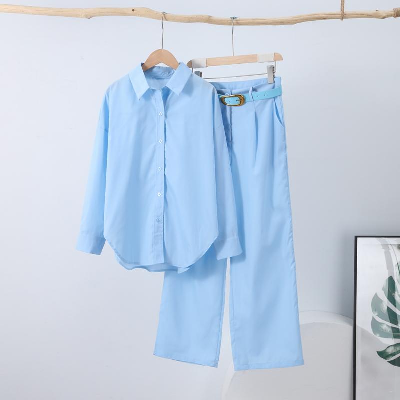 

Соответствующие комплекты для женщин Комплект из двух предметов с длинными рукавами и отложным воротником Рубашка с прямыми брюками Комплекты с поясом Элегантный рабочий повседневный весенний 2XL синий